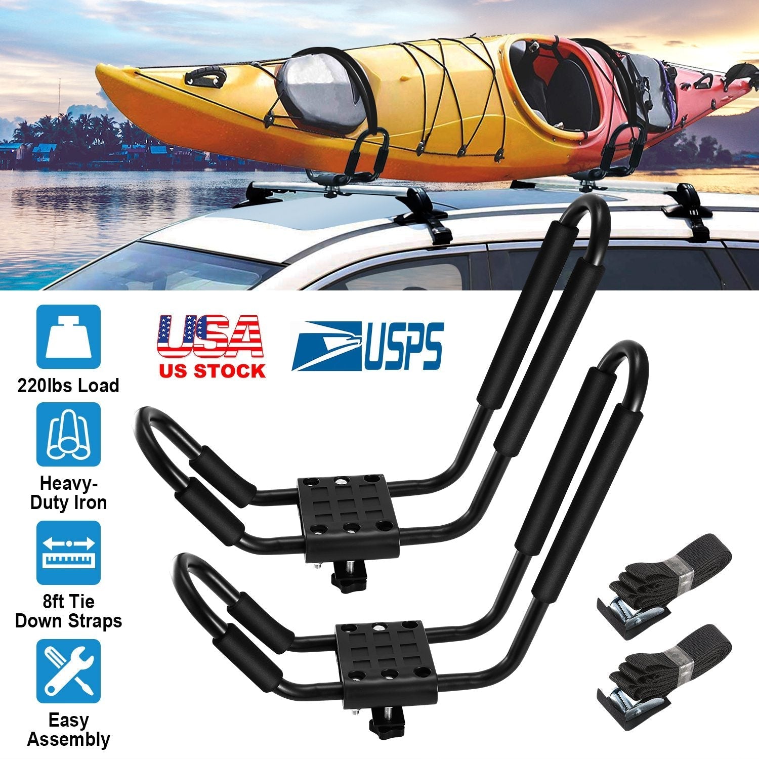 GemGear universal J-bar kayak carrier (2 J-bars), heavy-duty iron, 220lb load, includes 8ft tie-down straps on Tampa Home & Garden Store