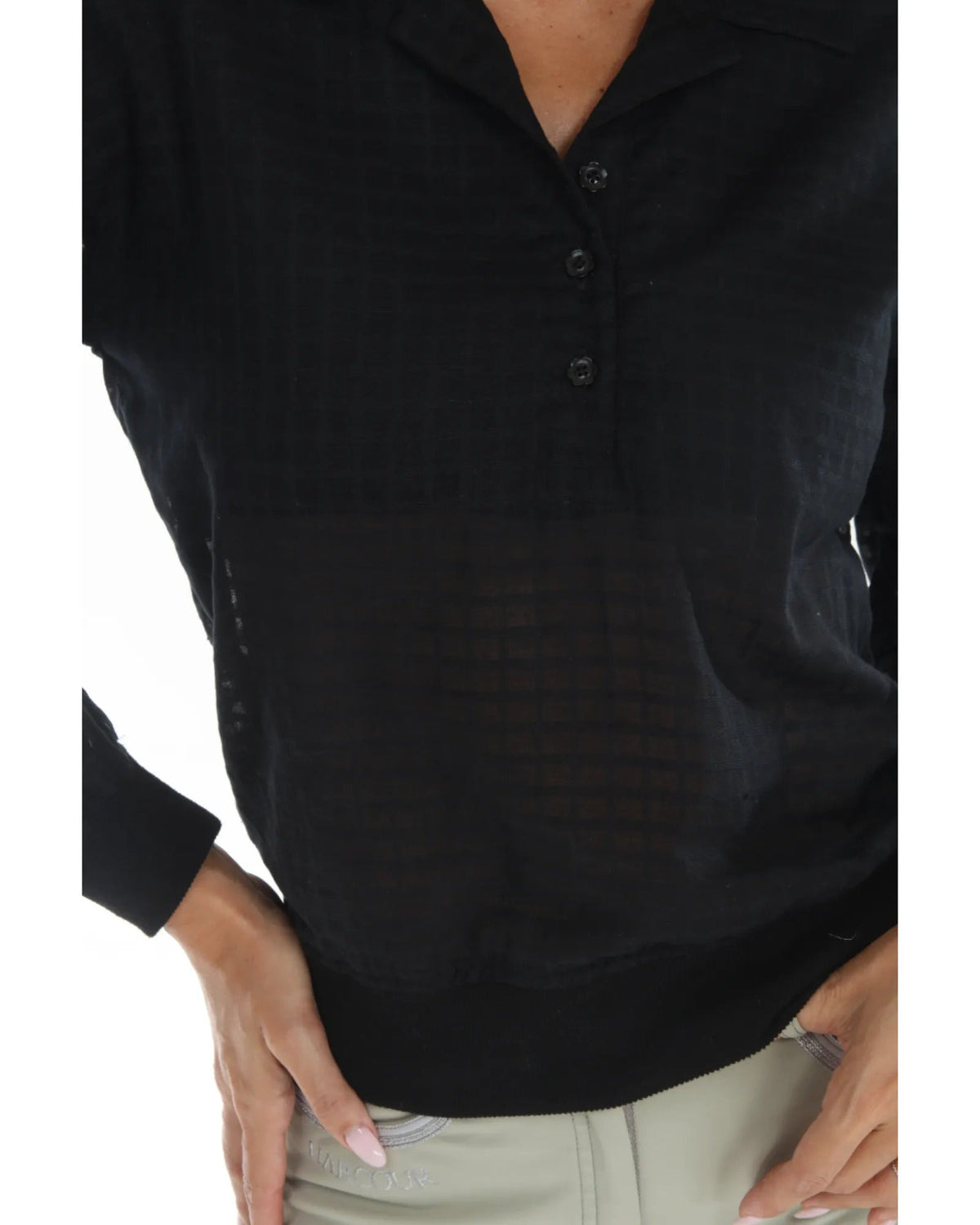 SUNDAE Blackberry blouse by BellEq™ Equestrian Apparel, black button-front long-sleeve shirt model on Tampa Home & Garden Store
