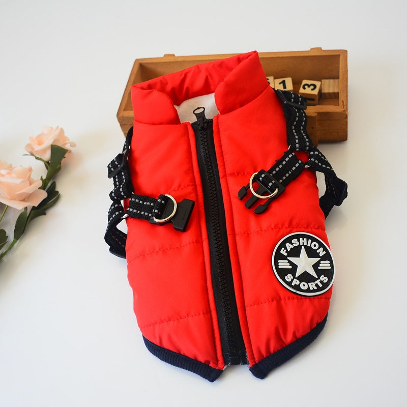 Pet Zen red winter dog coat with hood, small breeds harness straps and fashion sports patch on Tampa Home & Garden Store