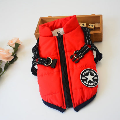 Pet Zen red winter dog coat with hood, small breeds harness straps and fashion sports patch on Tampa Home & Garden Store