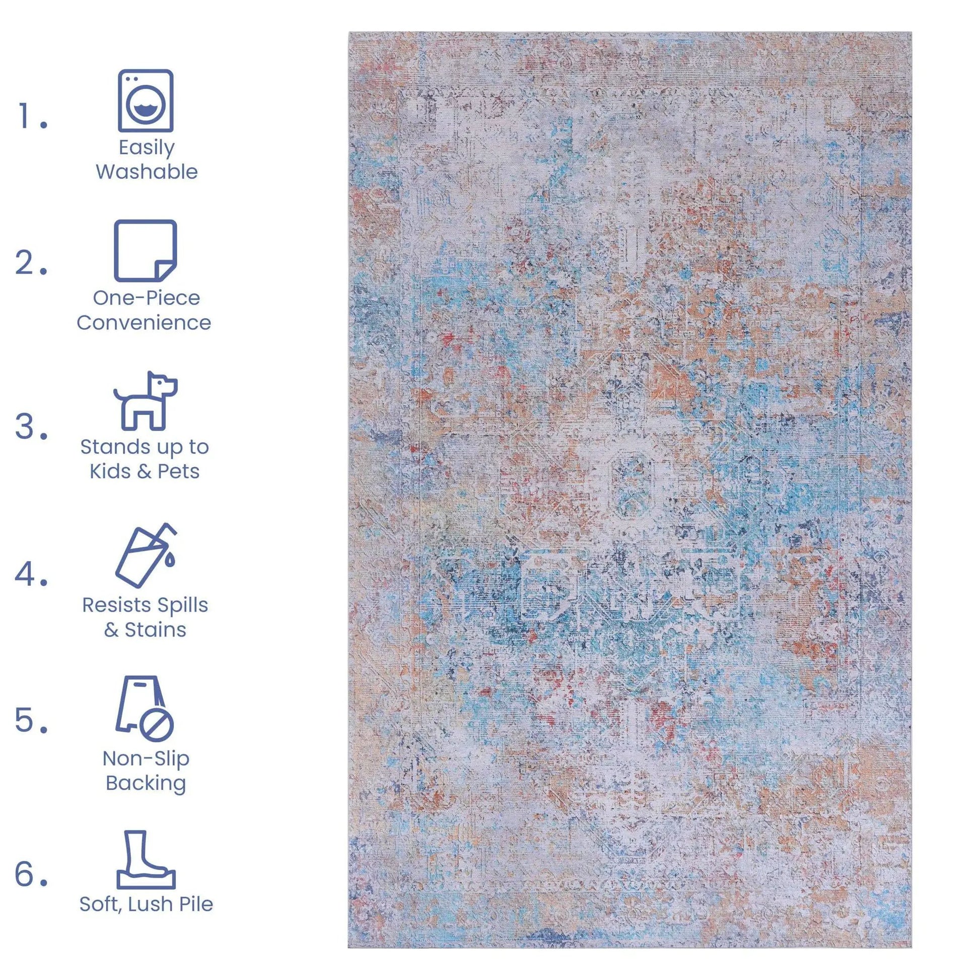 Maval Area Rug Washable by Unique Piece Furniture; blue peach abstract; pile, non-slip backing on Tampa Home & Garden Store