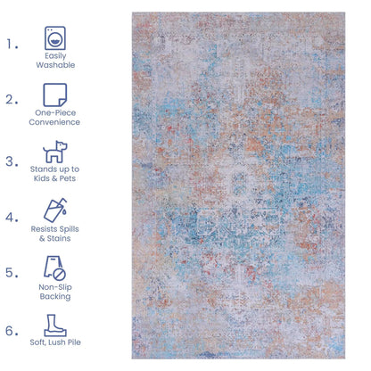 Maval Area Rug Washable by Unique Piece Furniture; blue peach abstract; pile, non-slip backing on Tampa Home & Garden Store
