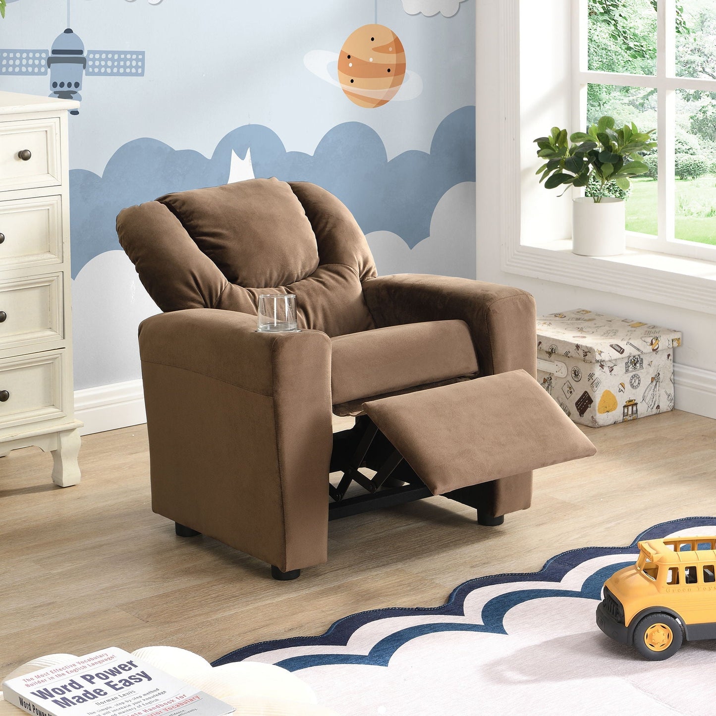 Kids recliner chair with cup holder, brown upholstered in playroom on Tampa Home & Garden Store