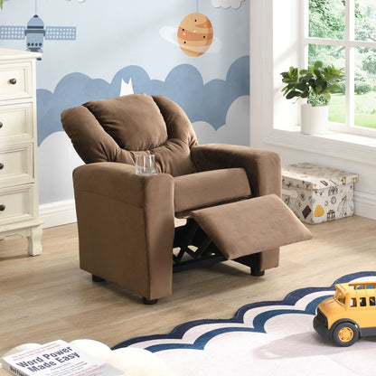 Kids recliner chair with cup holder, brown upholstered in playroom on Tampa Home & Garden Store