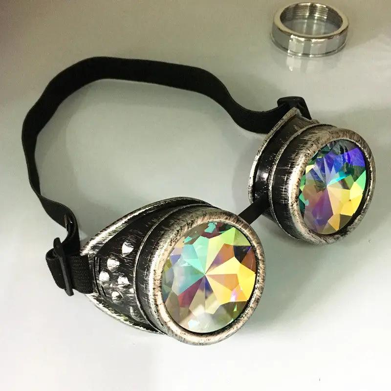 Steampunk Goggles Glasses with silver metal frames, black strap, iridescent lenses on Tampa Home & Garden Store