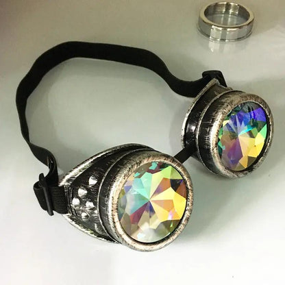 Steampunk Goggles Glasses with silver metal frames, black strap, iridescent lenses on Tampa Home & Garden Store