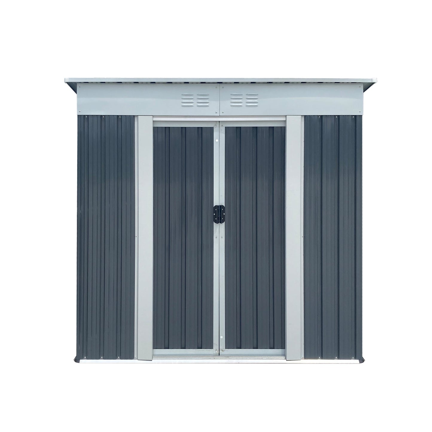 Outdoor Storage Shed 6FTx4FT Pent Roof dark blue siding gray trim vented panel double doors on Tampa Home & Garden Store