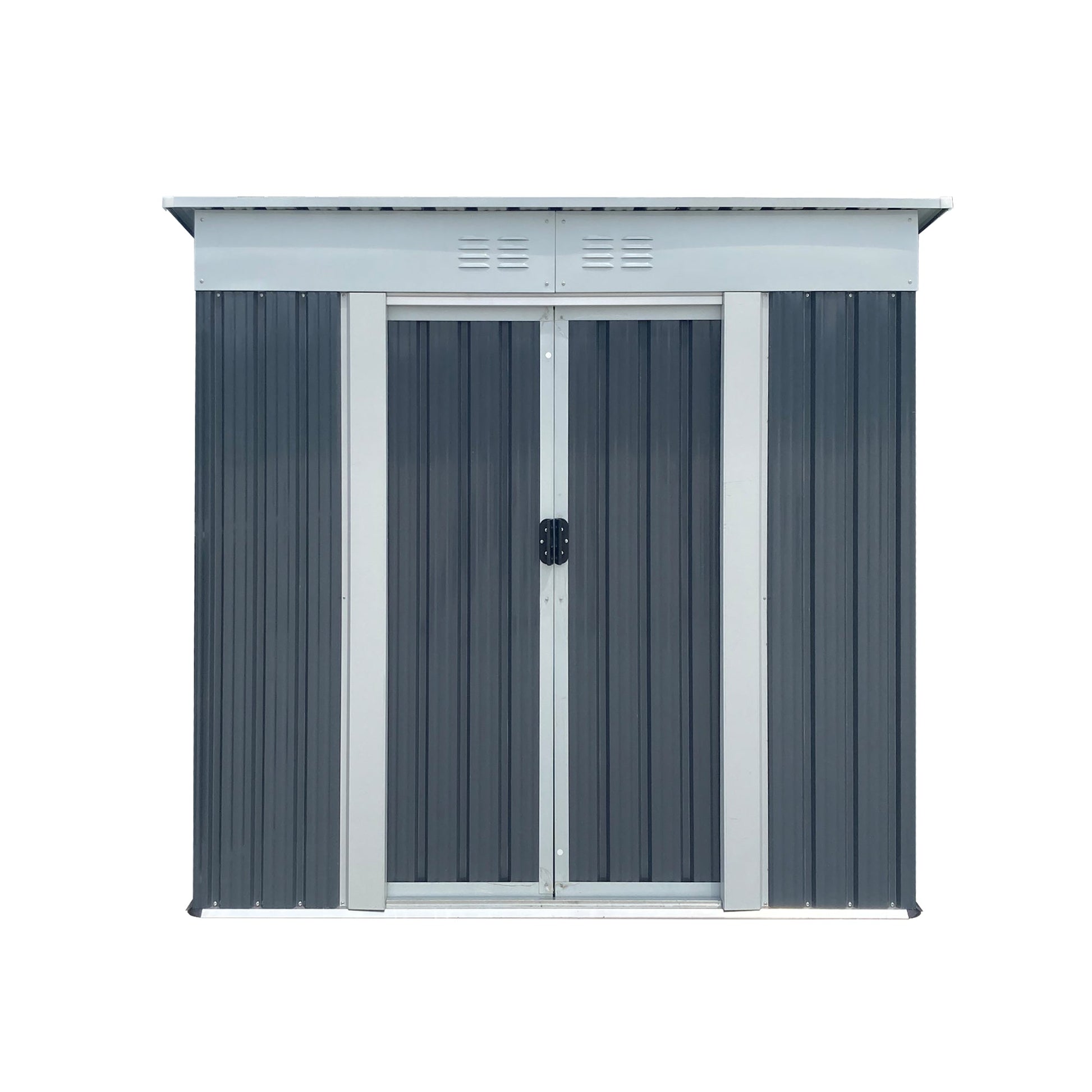 Outdoor Storage Shed 6FTx4FT Pent Roof dark blue siding gray trim vented panel double doors on Tampa Home & Garden Store