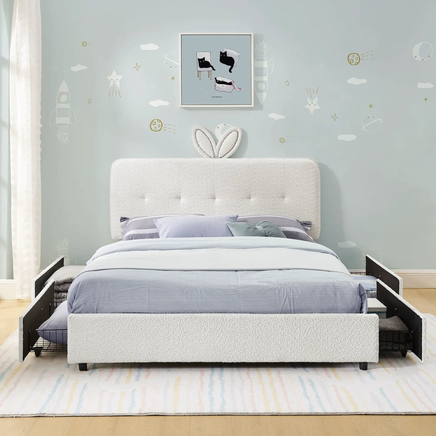 Upholstered Bed with Rabbit Ear Headboard and LED
