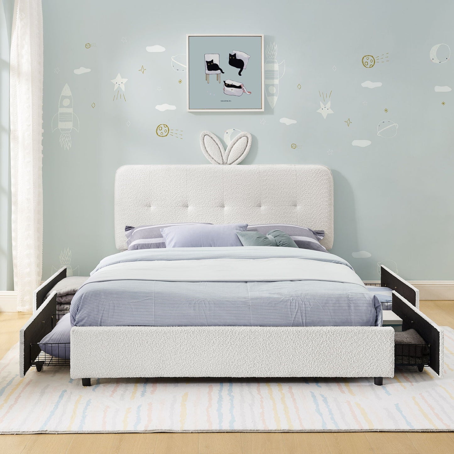 Upholstered Bed with Rabbit Ear and Led Drawers