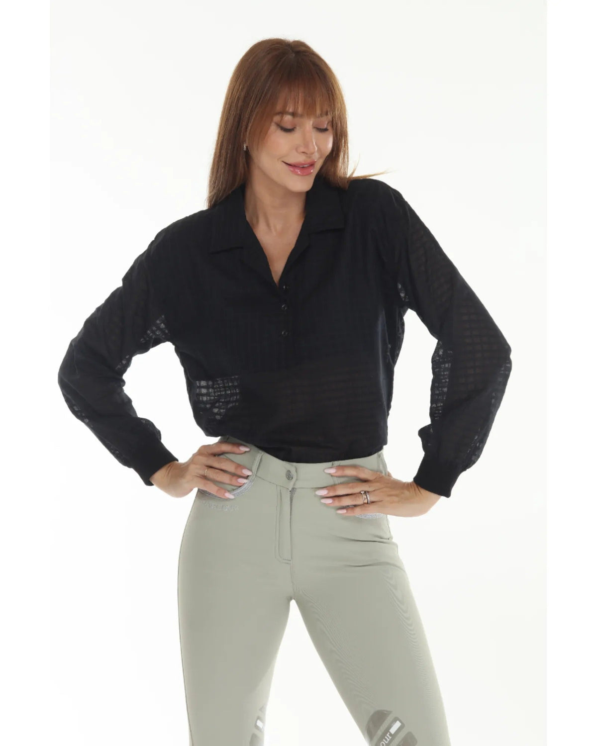 SUNDAE Blackberry blouse shirt in black with sheer sleeves by BellEq Equestrian Apparel on Tampa Home & Garden Store