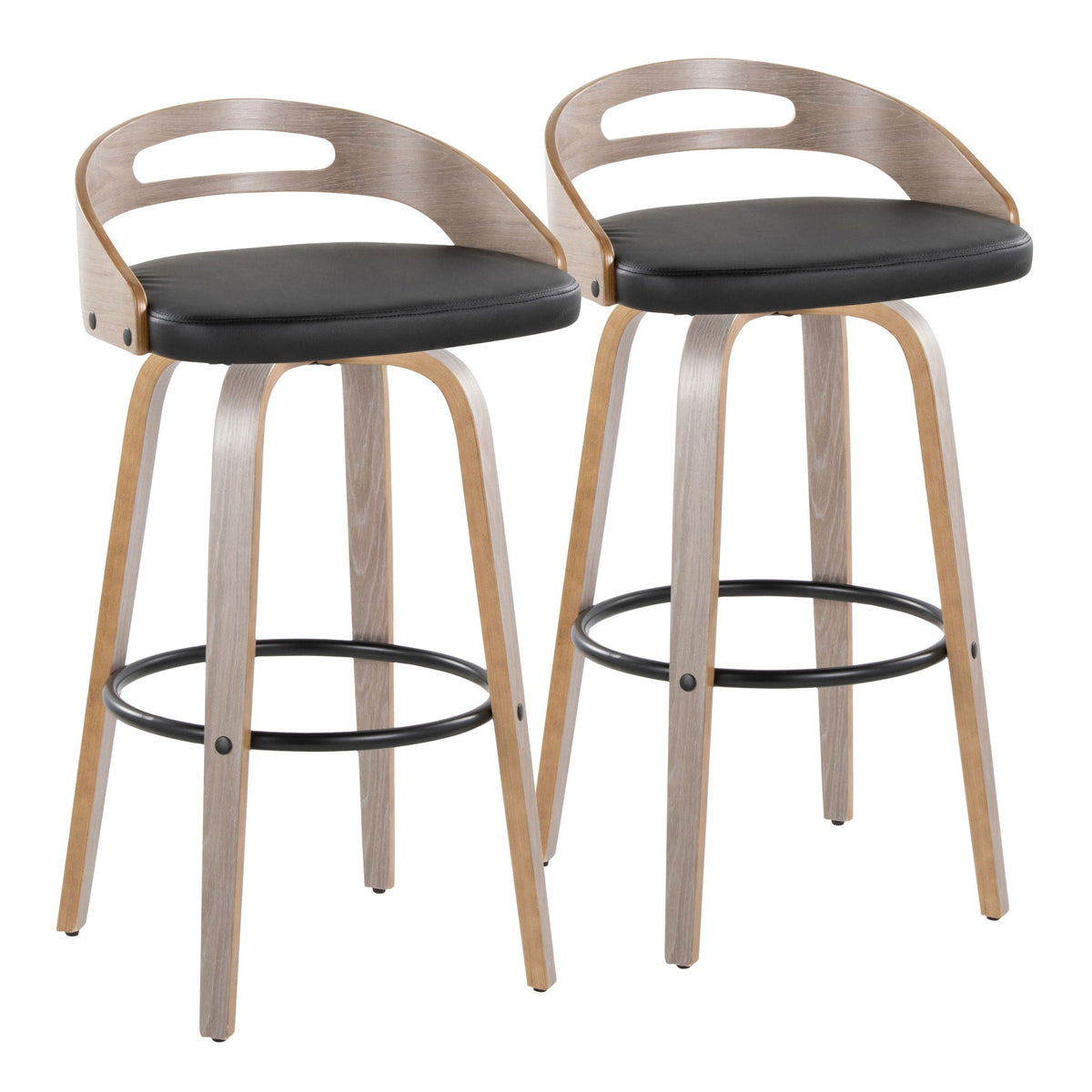 Mid Century Modern barstool set with swivel, black cushions, wood backs, two stools on Tampa Home & Garden Store