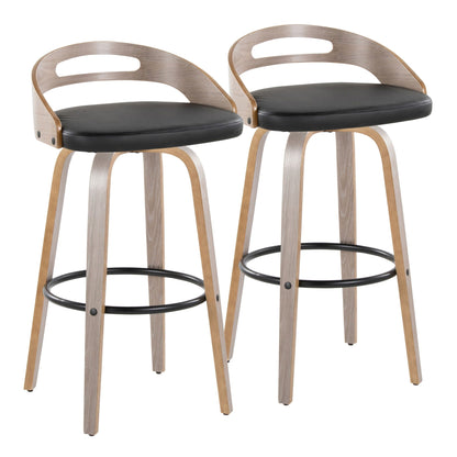 Mid Century Modern barstool set with swivel, black cushions, wood backs, two stools on Tampa Home & Garden Store