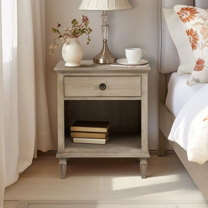 Victoria nightstand with open storage in weathered wood finish, single drawer and lower shelf on Tampa Home & Garden Store