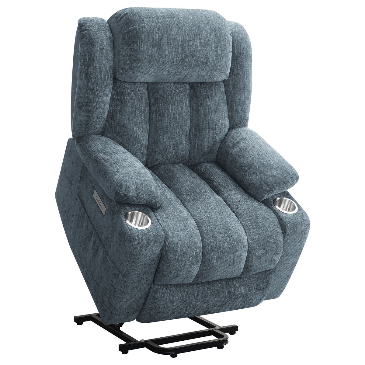 Beca power lift recliner by HouseOfZazla with blue fabric, cupholders and USB charging on Tampa Home & Garden Store