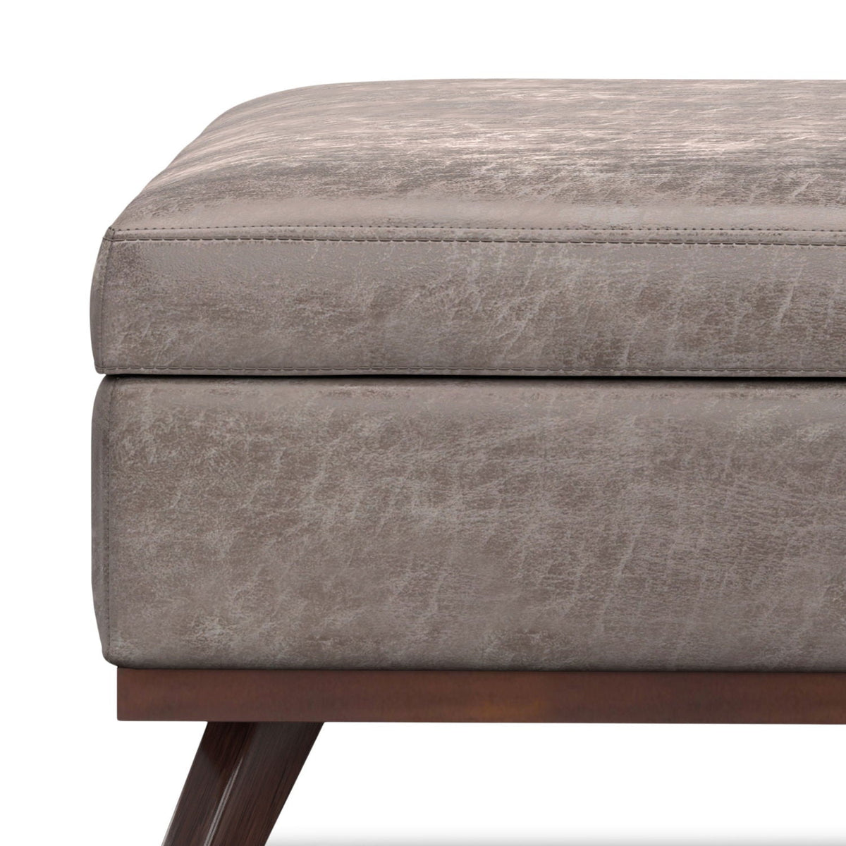 Square lift-top ottoman by HouseOfZazla in distressed taupe faux leather with wood legs on Tampa Home & Garden Store