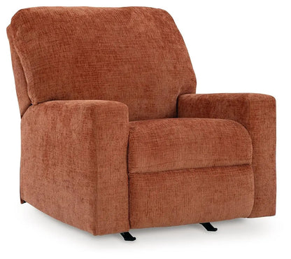 Aviemore Rocker Recliner in burnt orange chenille with plush back and wide arms on Tampa Home & Garden Store