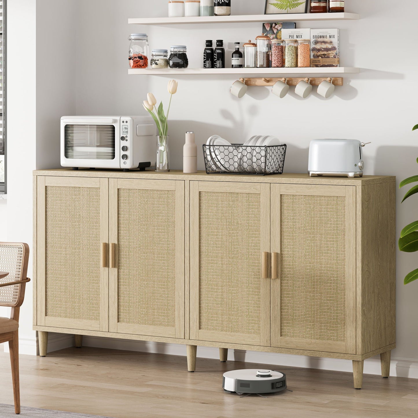 Buffet cabinet with adjustable shelves in light oak finish, woven cane doors, HouseOfZazla on Tampa Home & Garden Store