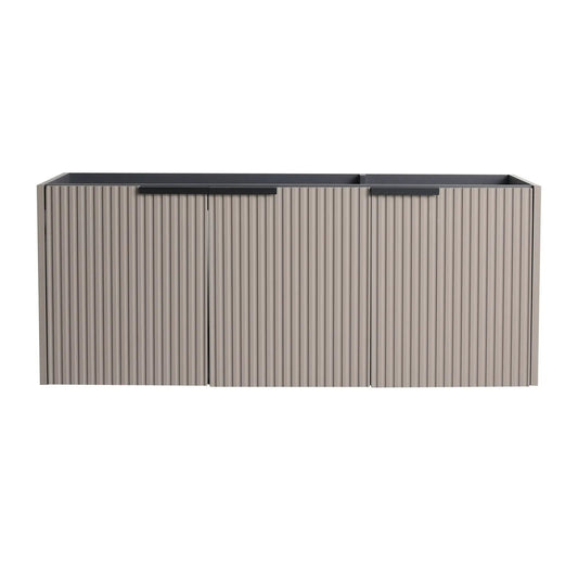 Vanities: Contemporary wall-mounted bathroom vanity with ribbed beige fronts and dark top on Tampa Home & Garden Store