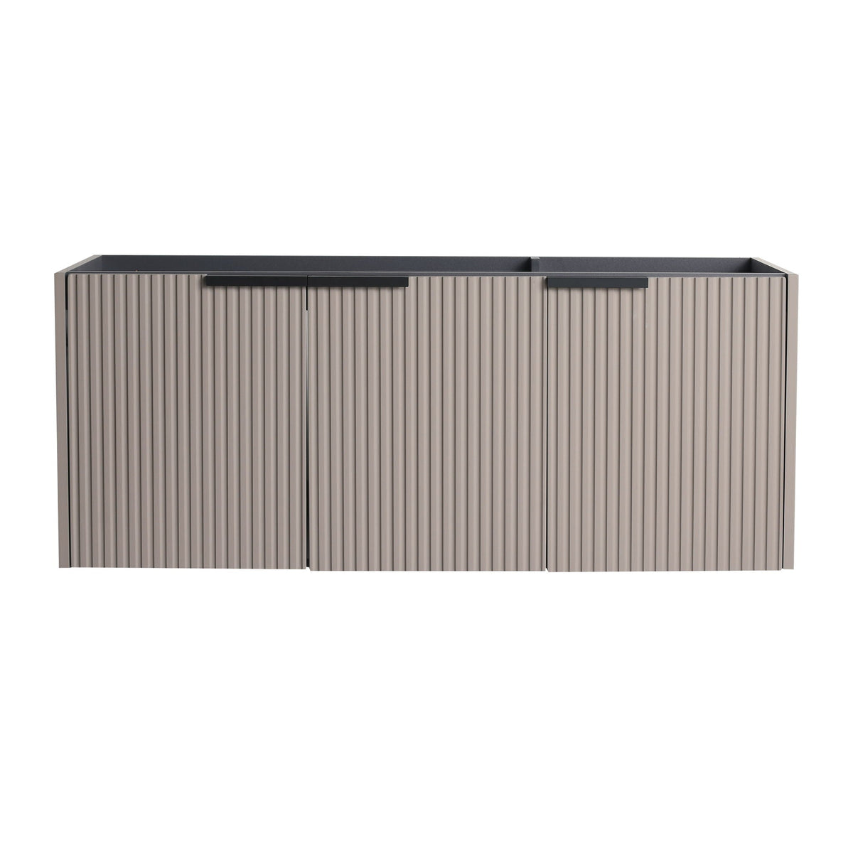 Contemporary wall-mounted bathroom vanity with ribbed wood doors and black handles on Tampa Home & Garden Store
