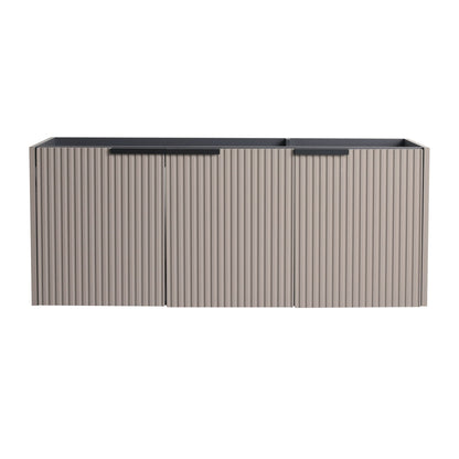 Contemporary wall-mounted bathroom vanity with ribbed wood doors and black handles on Tampa Home & Garden Store