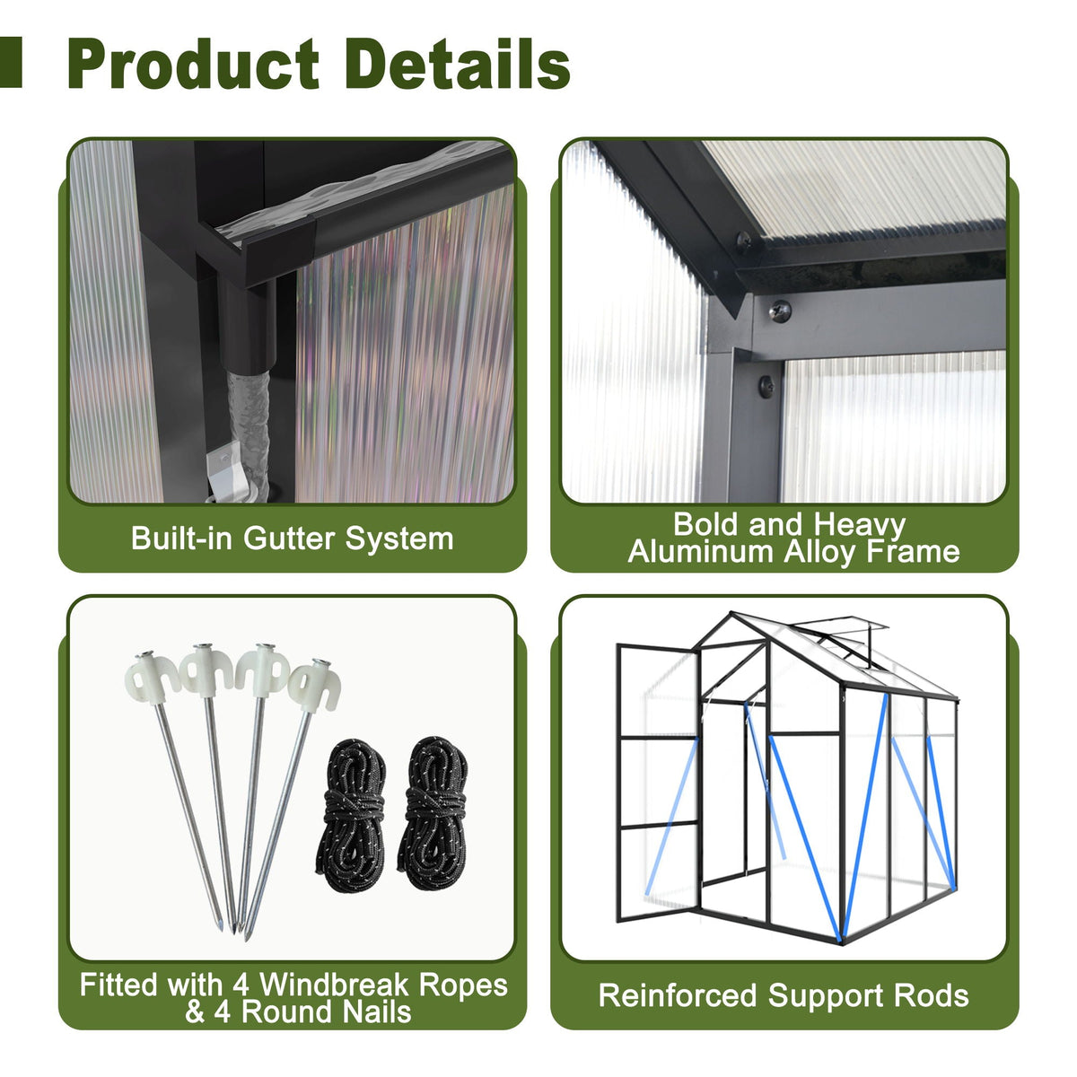 Windproof greenhouse with raised base, black polycarbonate panels by HouseOfZazla; built-in gutter, aluminum frame, windbreak ropes & nails on Tampa Home & Garden Store
