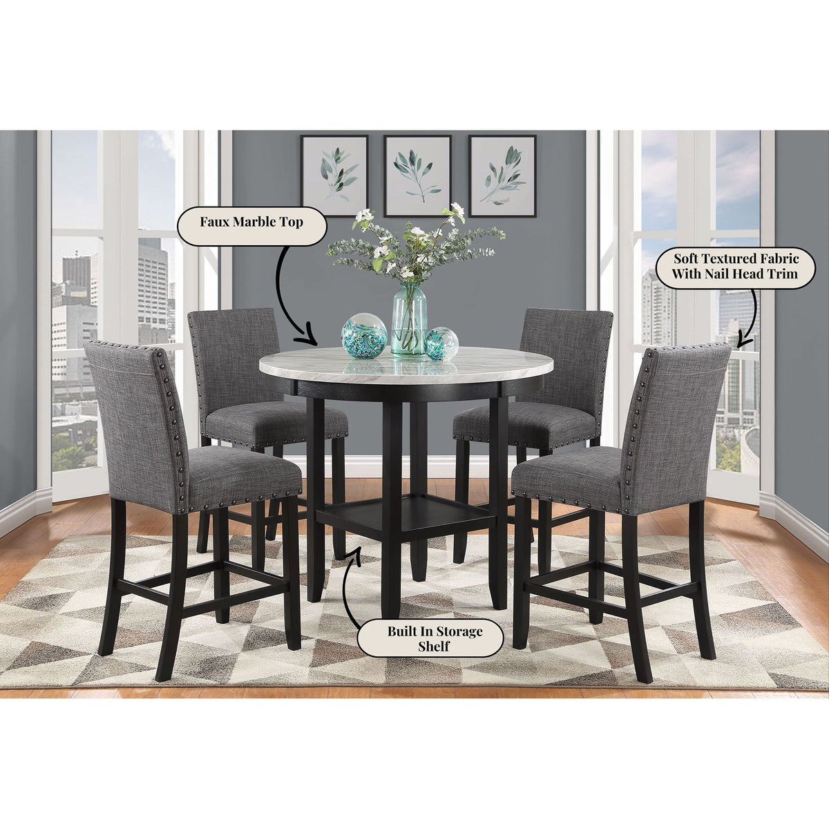 Greta bar table with white faux marble top and built-in storage shelf plus 4 gray chairs on Tampa Home & Garden Store