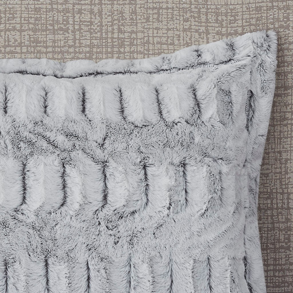 King/Cal King Back Print Long Fur Comforter Mini Set gray plush faux fur with tufted panels on Tampa Home & Garden Store