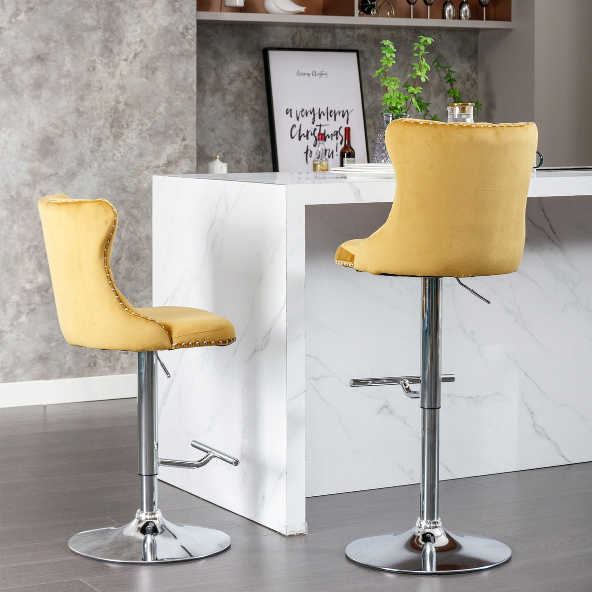 Swivel Adjustable Height Barstools Set of 2, yellow velvet, chrome bases, nailhead trim on Tampa Home & Garden Store