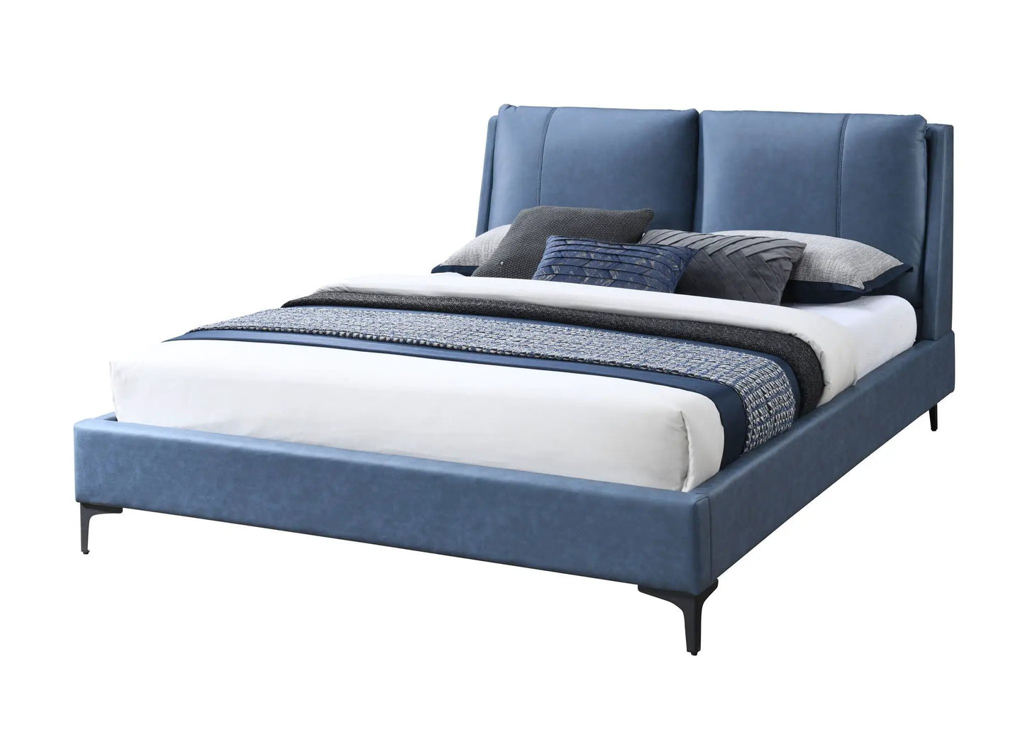Fully upholstered bed in blue fabric with padded headboard on Tampa Home & Garden Store