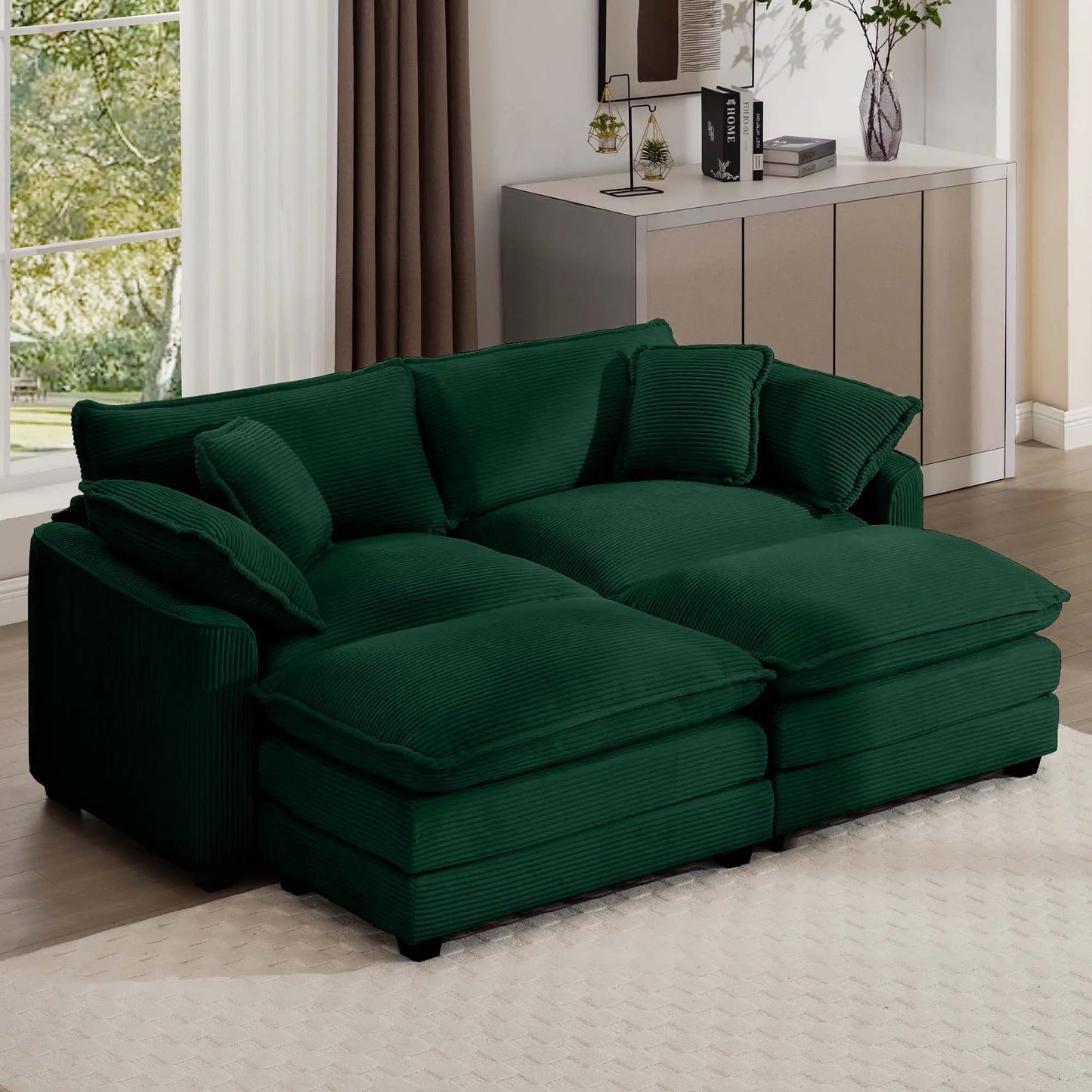 Modern Oversized Modular Cushion Sofa With Ottoman, emerald green fabric, seating 3pc set on Tampa Home & Garden Store