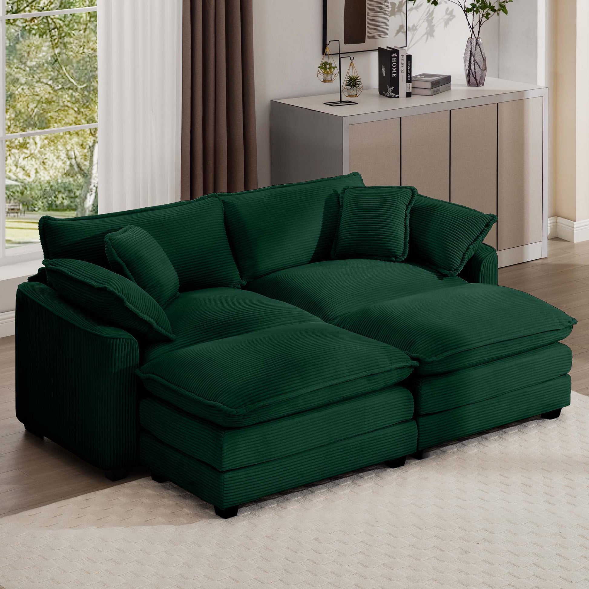 Modern oversized modular cushion sofa with ottoman in emerald green fabric, 2-piece set on Tampa Home & Garden Store