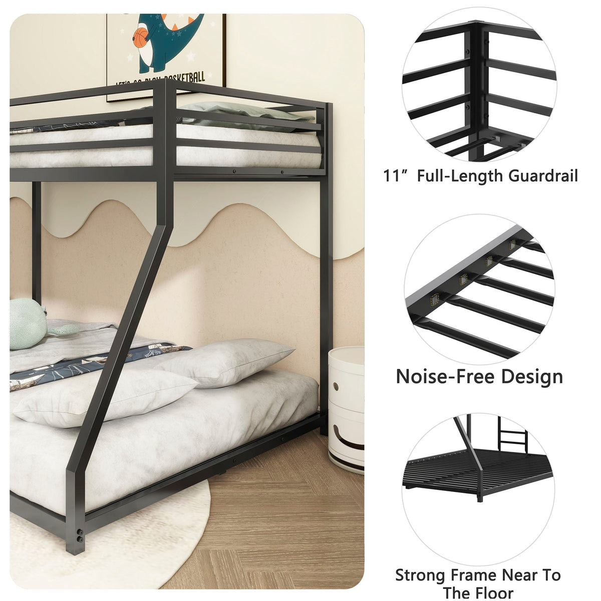 Adam bunk bed by HouseOfZazla, black metal two-tier frame with full-length guardrails on Tampa Home & Garden Store