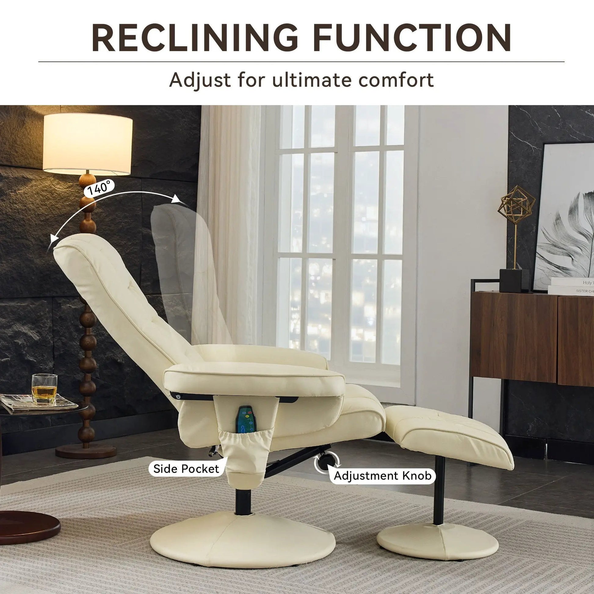 Recliner Chair With Ottoman, cream by Unique Piece Furniture, swivel massage with 5-point vibration on Tampa Home & Garden Store