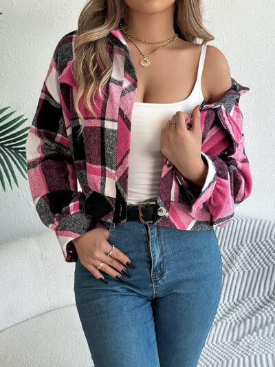 Plaid button-up long sleeve jacket in pink tones by Stevvex, cozy trendy women's jacket on Tampa Home & Garden Store