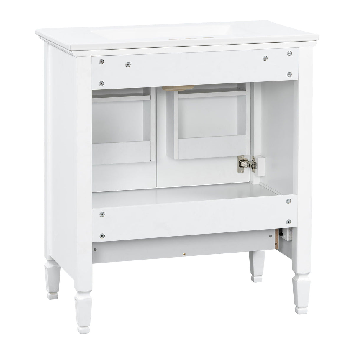 Freestanding white vanity with drawer and soft-close doors on Tampa Home & Garden Store