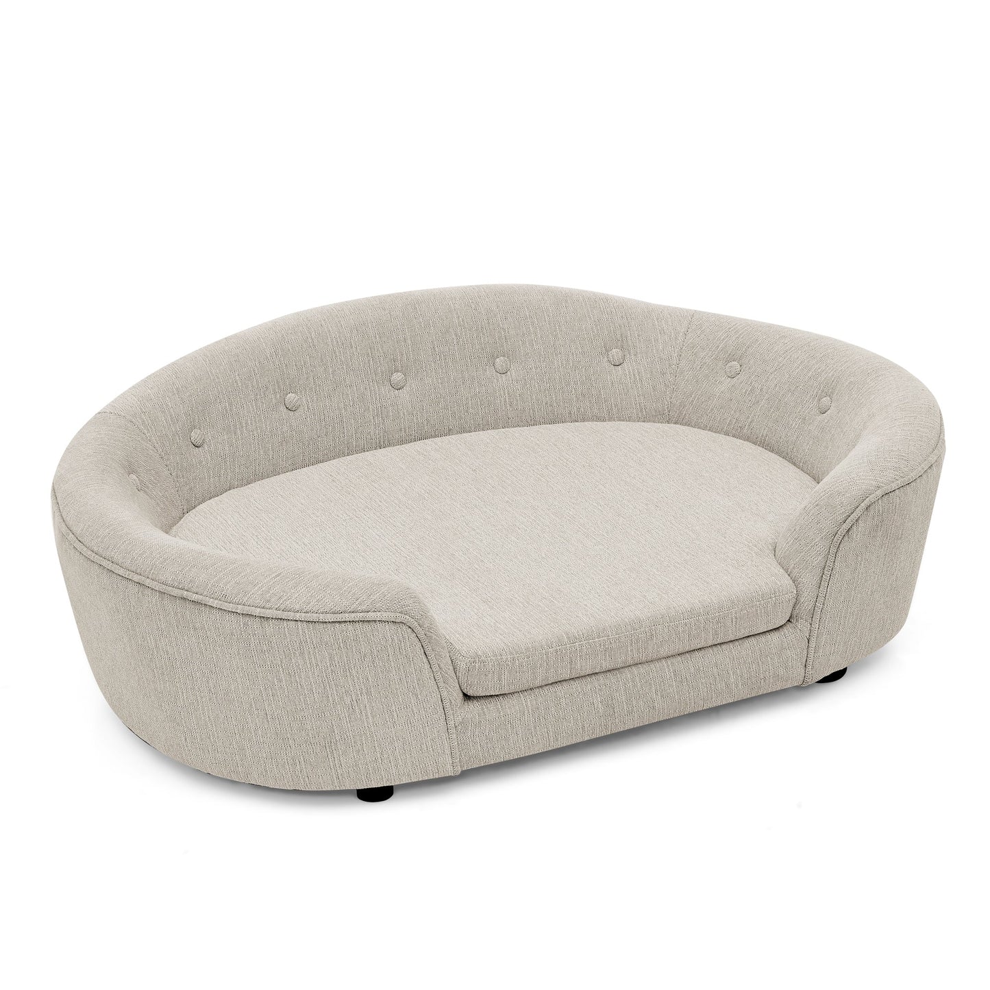 Oversized oval semi-enclosed dog sofa in beige linen with button-tufted backrest on Tampa Home & Garden Store