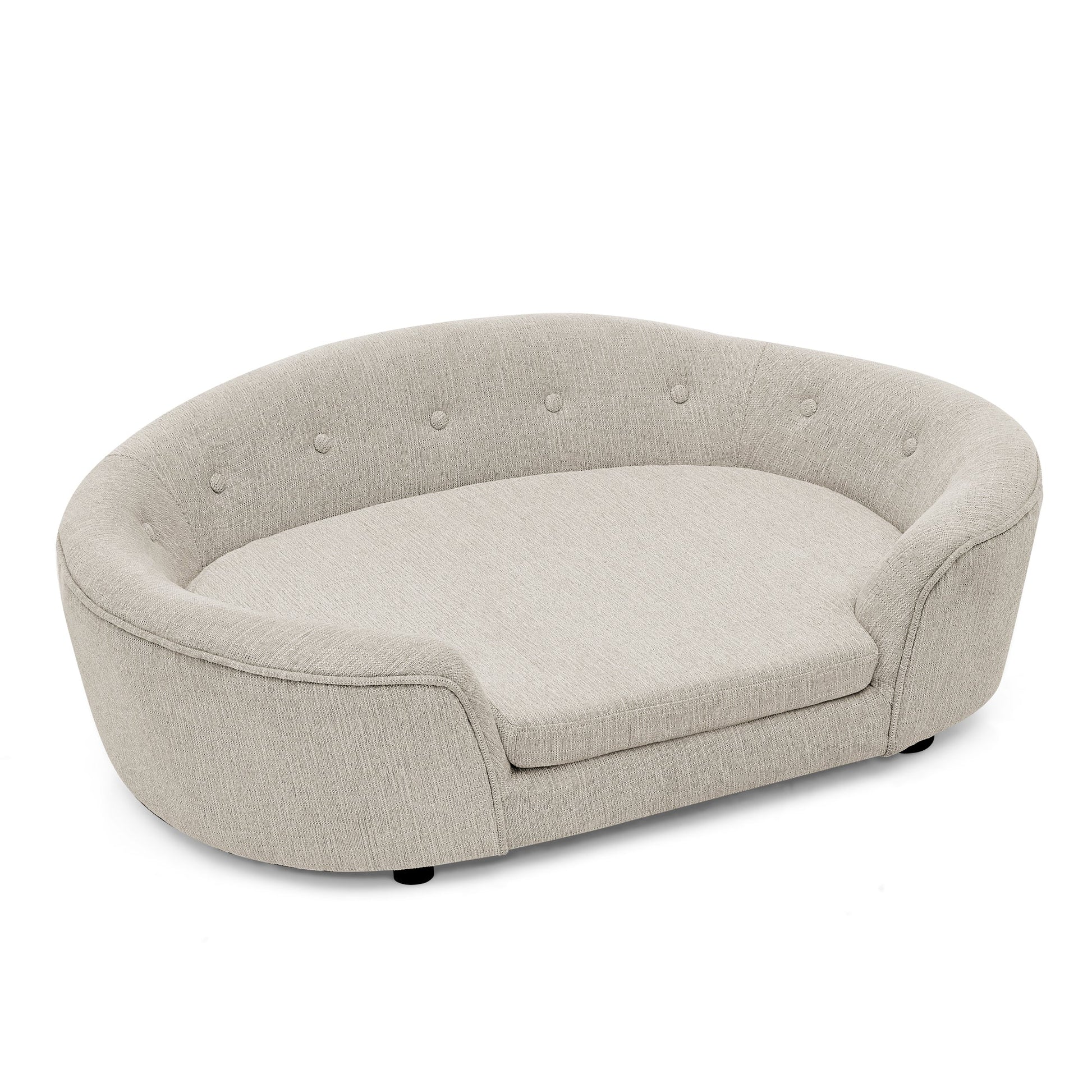 Oversized oval semi-enclosed dog sofa in beige linen with button-tufted backrest on Tampa Home & Garden Store