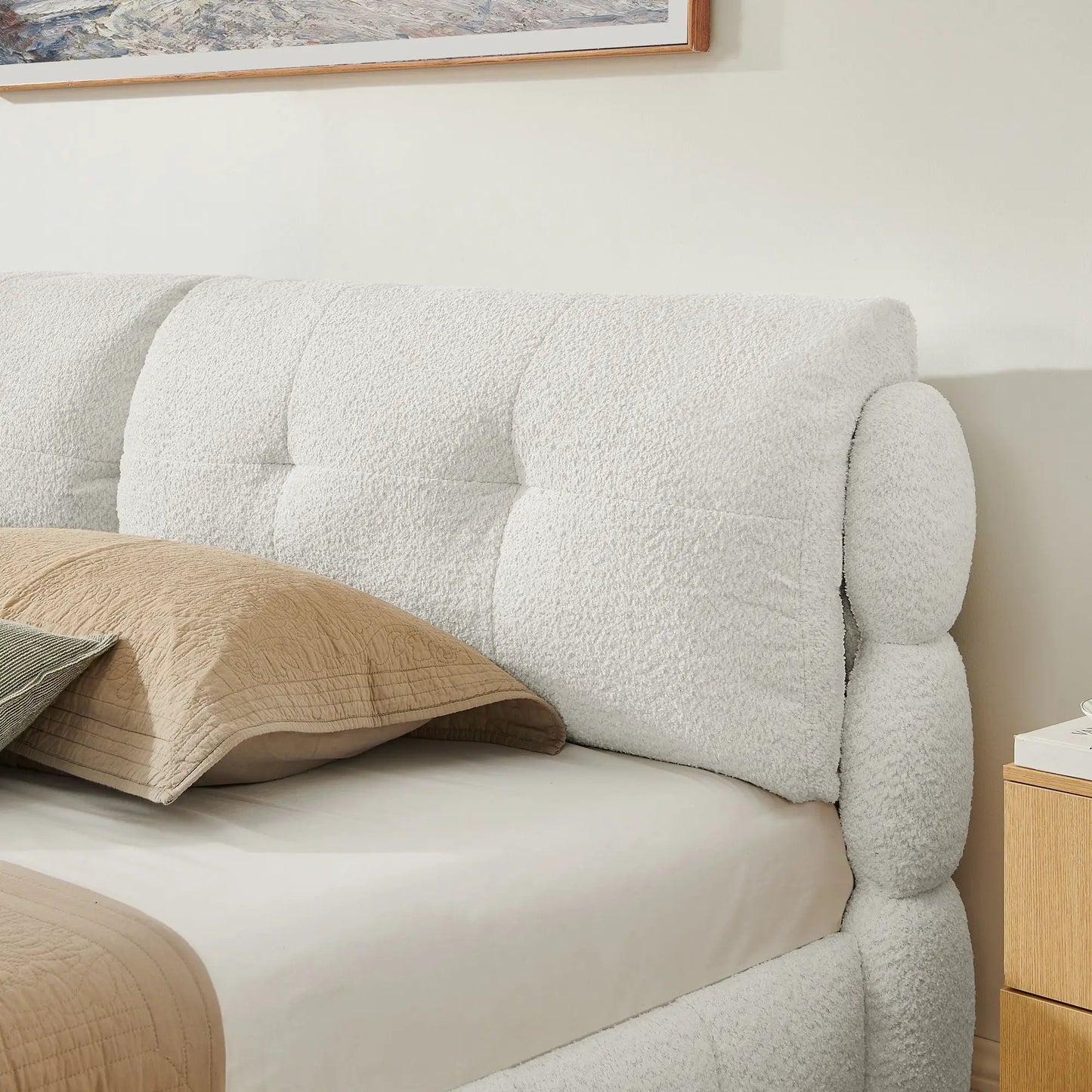 Platform Bed & Upholstered Frame in cream fabric with tufted finish, brown quilted blanket on Tampa Home & Garden Store