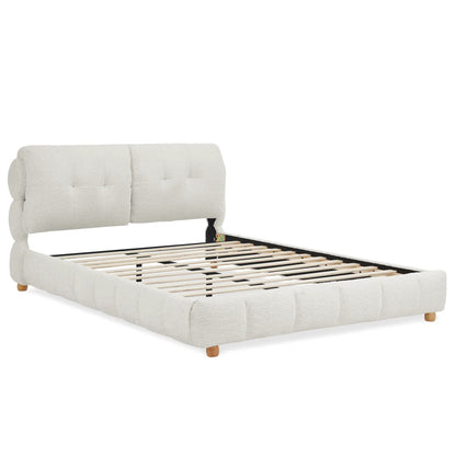 Platform bed with cream upholstered frame and headboard, slatted base by Unique Piece Furniture on Tampa Home & Garden Store