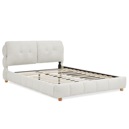 Platform Bed & Upholstered Frame beige fabric with padded headboard and slatted base on Tampa Home & Garden Store
