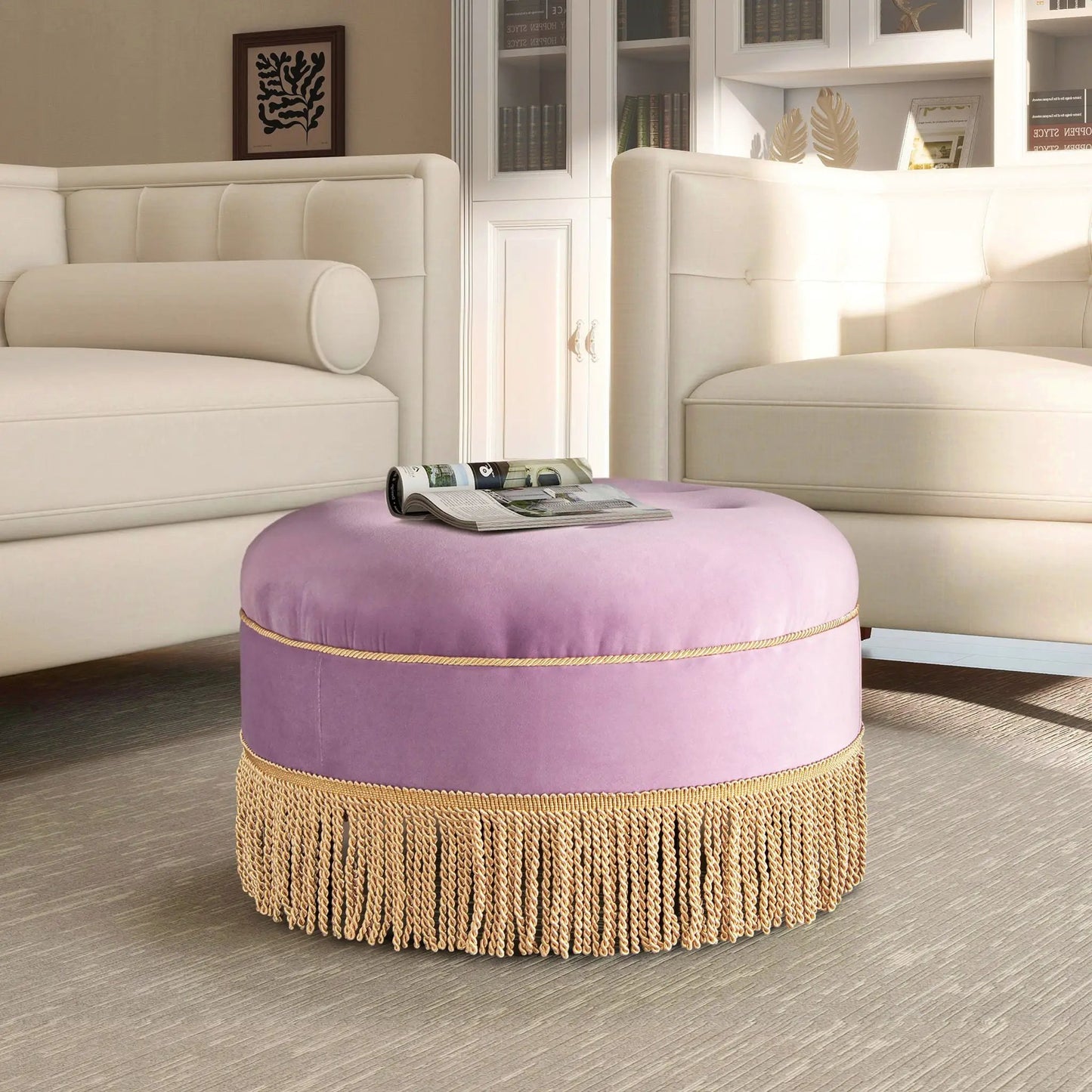 Yolanda Round Upholstered Accent Ottoman, purple cushion atop beige base with woven fringe on Tampa Home & Garden Store