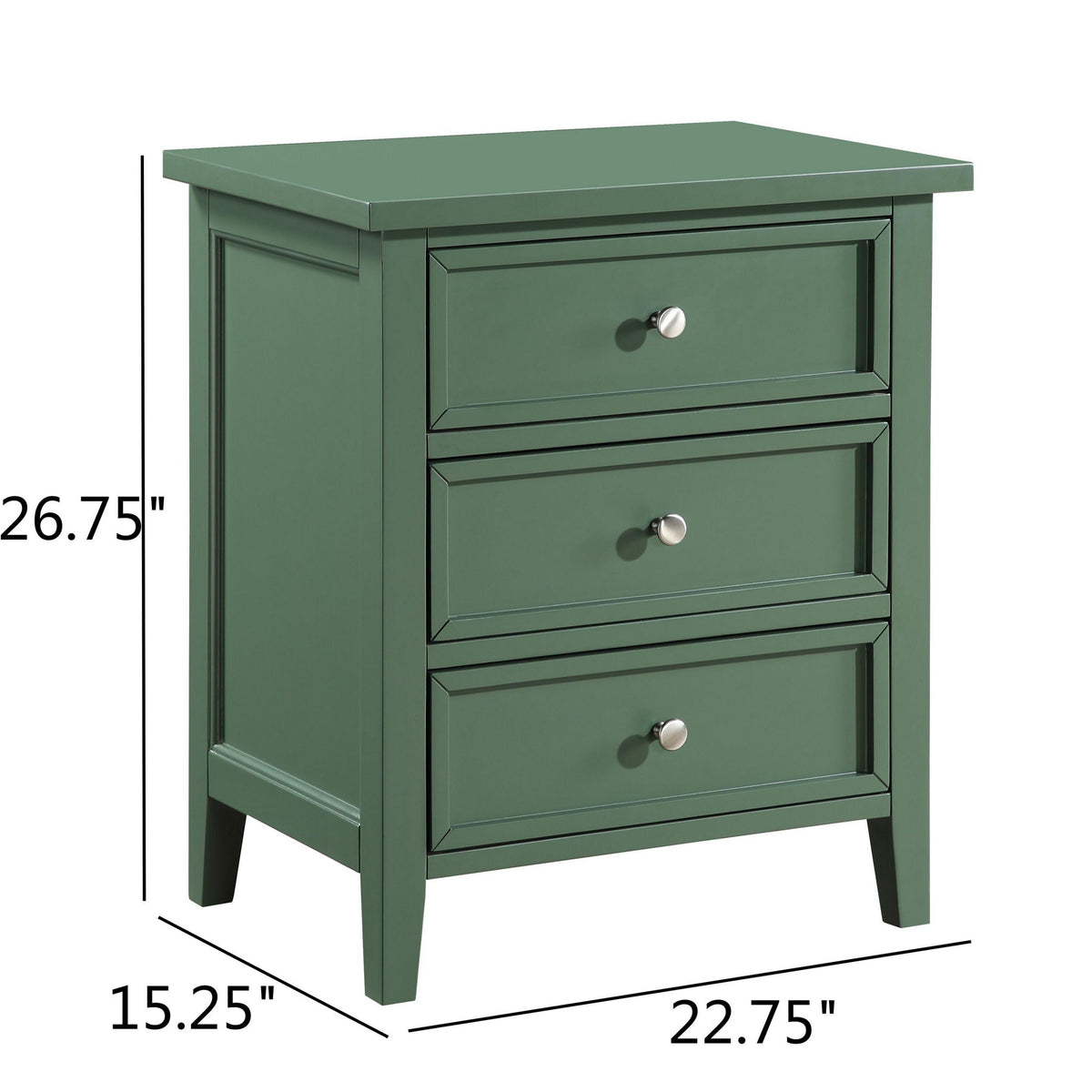 Green 3-drawer nightstand with metal glides and silver knobs on Tampa Home & Garden Store