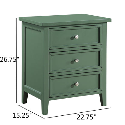 Green 3-drawer nightstand with metal glides and silver knobs on Tampa Home & Garden Store