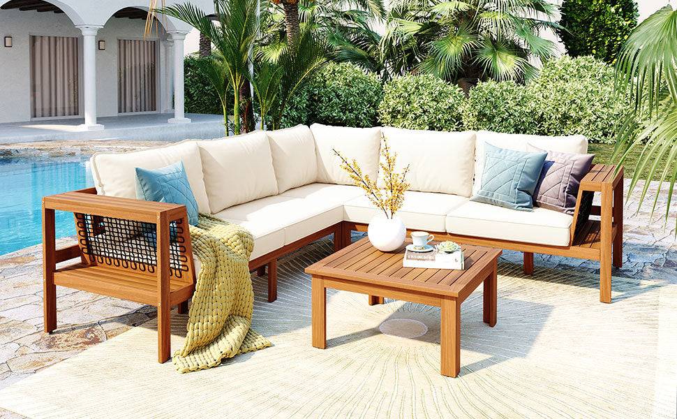 GO 4-Piece Outdoor Acacia Wood Sofa Set with Coffee Table, L-shaped sectional, beige cushions on Tampa Home & Garden Store