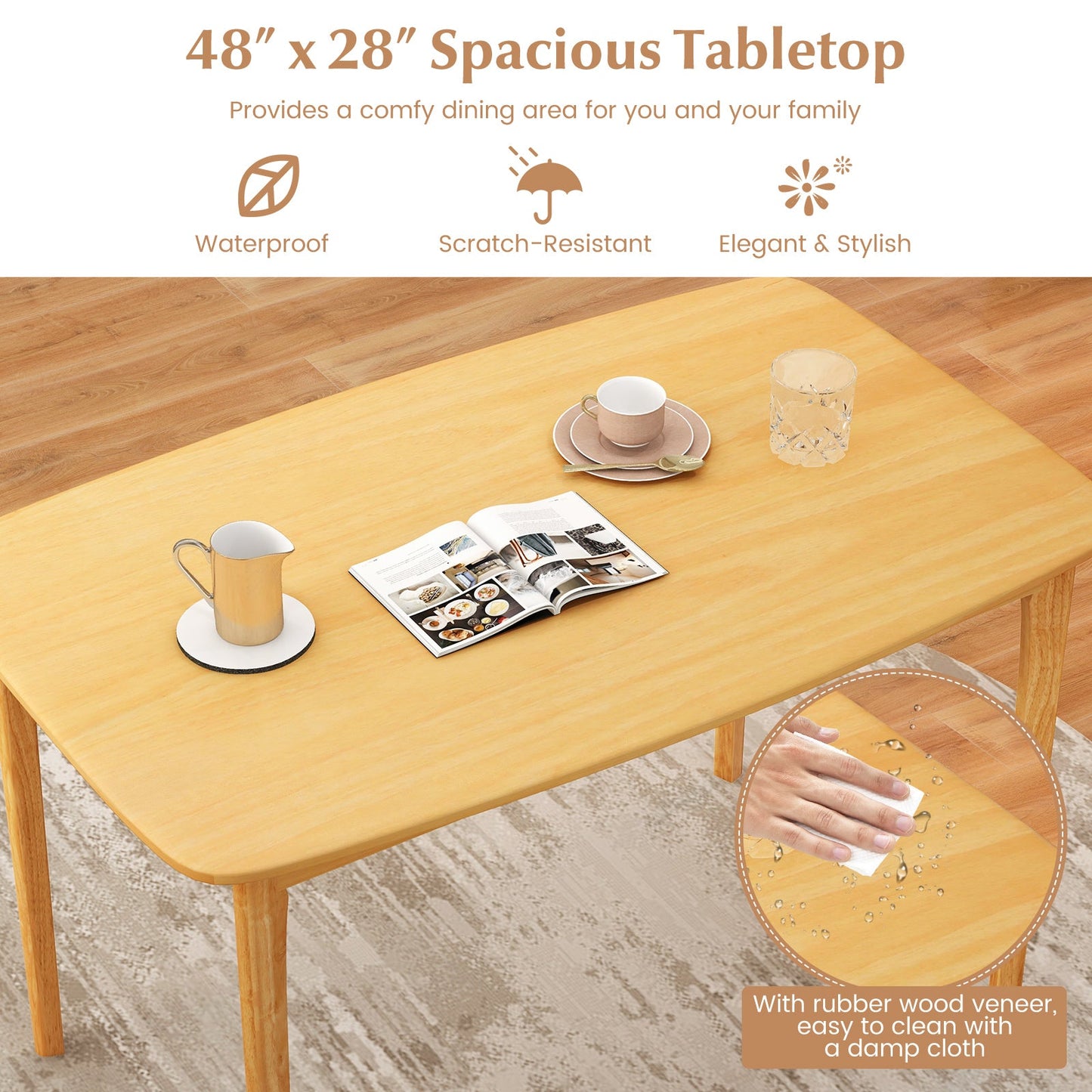 Mesa de comedor de madera maciza de 48 pulgadas con patas de soporte de madera de caucho para cocina/comedor - Natural