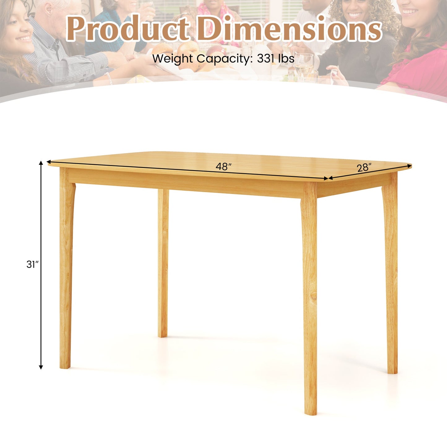 Mesa de comedor de madera maciza de 48 pulgadas con patas de soporte de madera de caucho para cocina/comedor - Natural