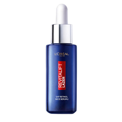 Face serum bottle L’Oréal Paris Revitalift with blue glass, red label, and white dropper on Tampa Home & Garden Store
