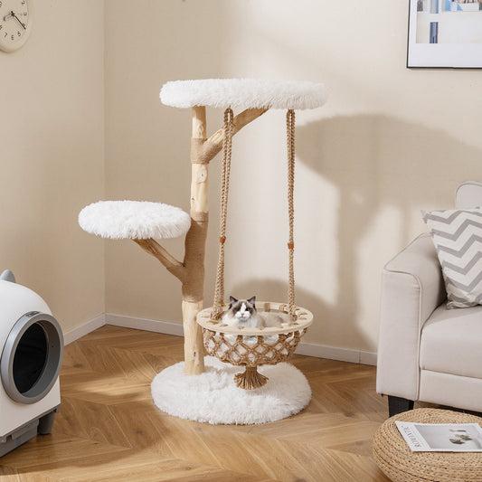 48.5 Inch Solid Wood Cat Tree with Hanging Cradle and Jute Scratching Post-White - Tampa Home & Garden Store