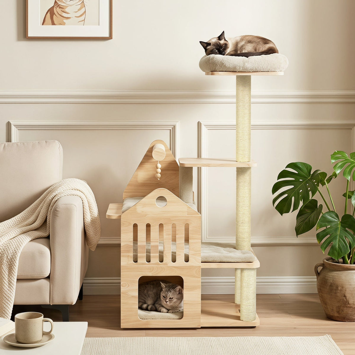 Multi-Level Solid Wood Cat Tree 48.5in with condo and scratchers DirectDeals natural wood on Tampa Home & Garden Store